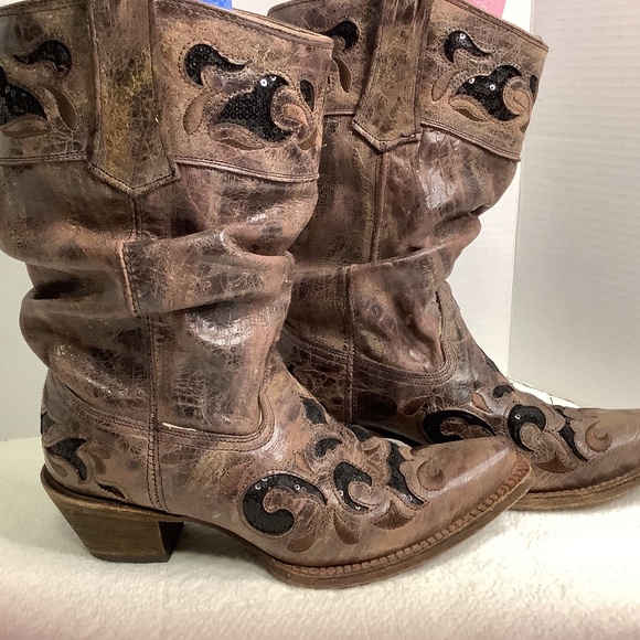 Corral Boots Shoes - Corral boots brown/camel/tobacco leather sequins slouch‎ western cowboy boots